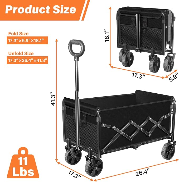 Wagons Carts Foldable, Collapsible Wagon with Wheels — Durable Folding Utility Pull Wagon Cart for Groceries, Picnic & Pets, Park Trips & Small Hauls, 280 lbs Heavy Duty Capacity,Graphite Black