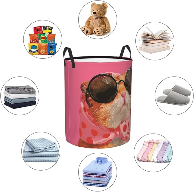 Cute Trendy Hamster Pet Art Laundry Hamper 13.8x16.5 Inches | Clothes Basket With Handles, Versatile Storage Organizer For Home Decor, Laundry Room, Dorm, Living Room, Bathroom, Gifts