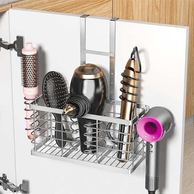 2026 Upgraded 3-in-1 Universal Hair Tool Organizer, XL Size, Sliver | Adjustable Height Metal Hair Dryer Holder, Wall Mounted, Over Cabinet Door, Countertop, Bathroom Storage