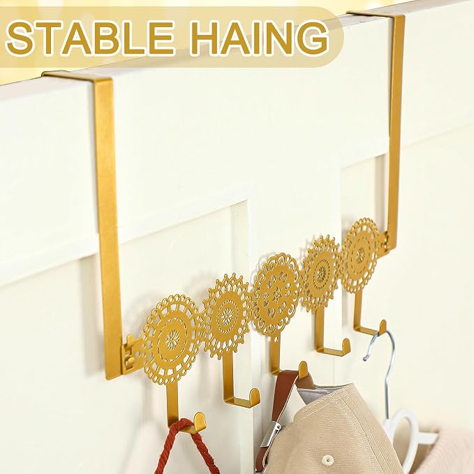 AceOrbit Gold Bohemian Over The Door Hooks Hanger 5 Hooks Rustic Decor | for Bedroom Bathroom, Organizes Towels Hats Clothes, Farmhouse Decor, Over the Door for Kids