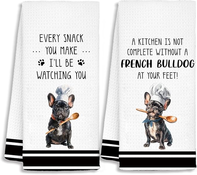 Chef French Bulldog Kitchen Towels Set of 2, Dog Mom Gifts for Women, Gifts for French Bulldog Lovers Dish Towels Dishcloths Tea Towels for Kitchen, Dog Gifts for Women, 16x24 Inch