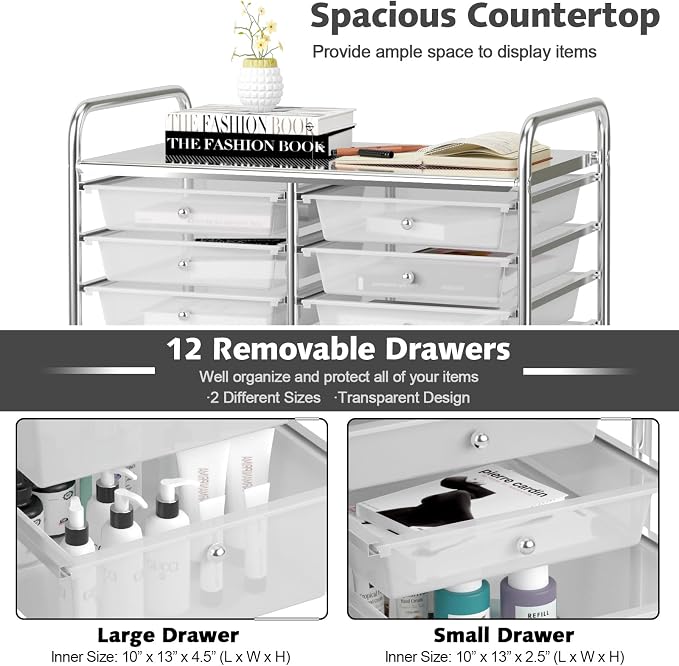 12 Drawer Rolling Storage Cart, Art Cart Organizer on Wheels, Mobile Utility Cart with Drawers, Multipurpose Craft Drawers for Home Office School Classroom (Clear)