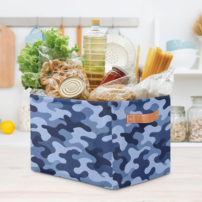 Pardick Camo Basket Storage Bins Rectangle Canvas Basket Cube Storage Box | Nursery Foldable Basket with Handle for Kids Girls Boys Toys Living Room Closet Organizer Shelf Gifts Camouflage Blue