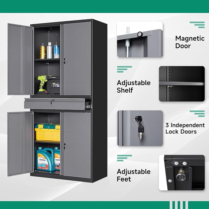 Metal Garage Storage Cabinet with Drawer,4 Door Tool Cabinet with Lock-2 Adjustable Shelves for Garage Home Office Utility Room (Black & Gray)