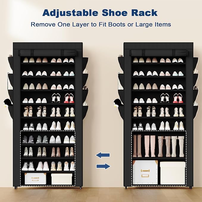 Mavivegue Shoe Rack with Cover, 10+1 Tier Tall Shoe Storage | for 50-55 Pairs of Shoes, Shoe Organizer for Entryway, Closet