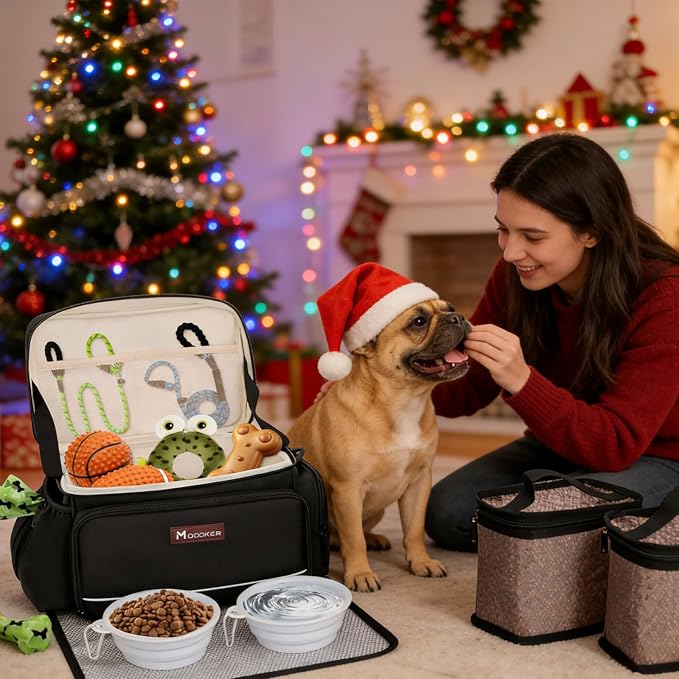 Modoker Large Dog Travel Bag Set with 2 Bowls and Food Bags, 17L Black | Large Pet Travel Organizer with 2 Food Containers, 2 Collapsible Bowls, Feeding Mat, Multiple Pockets and Adjustable Flap