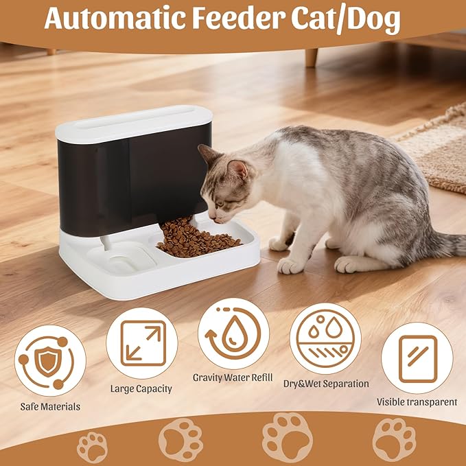 Automatic Pet Feeder and Water Dispenser Set, 2 in 1 Gravity Cat Dog Auto Food and Water Bowl Set for Small Dogs Puppy Cats Pets (Black&White)