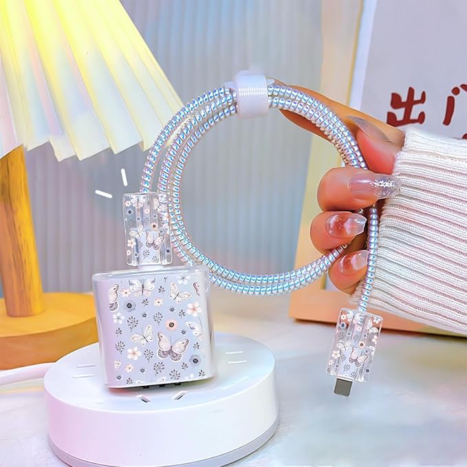 Cute Cable Protector for iPhone Apple Charger,Pretty Little Flowers Butterfly Design,Data Cable USB Case Cord Saver Phone Charger Protector for iPhone 11 12 13 14 Pro Max 7 8 Plus-Pink