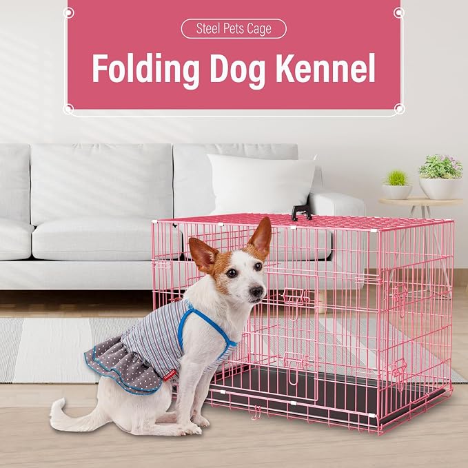 Dog Crate 36" Metal Wire Dog Cage Double Door Folding Dog Kennel with Divider Panel, Leak-Proof Plastic Pan, Foldable Travel Pet Crate for Small Medium Breed Dogs Animals,Pink