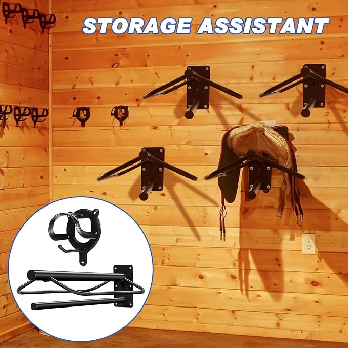 Paterr 24 Pack Saddle Rack Wall Mount with Pad Bar Horse Bridle Rack Metal Bracket Bridle Hooks Detachable Portable Saddle Stand Tack Storage for Western Horse Trailer Supplies Accessories