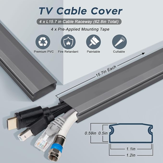PVC Cord Hider Cable Management Wall, 62.8in TV Cable Hider | Paintable Cable Concealer for Wall Mounted TV, Cable Raceway Grey Wire Hider, Wall Wire Covers for Cords, L15.7inW1.2H0.59in