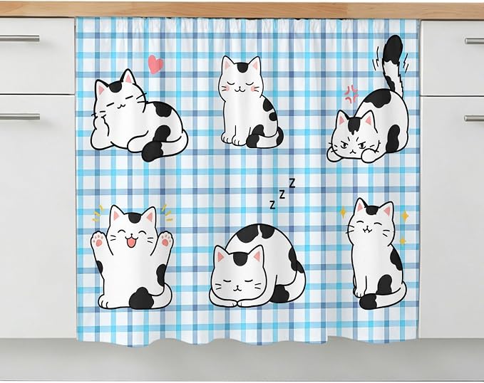 Cute Cat Oven Skirt Curtain for Kitchen Decor 28"x35", Modern Playful Pet Cats Blue Purple Plaid Self Adhesive Stove Curtains Skirt Cabinet Curtains for Bathroom Laundry Room