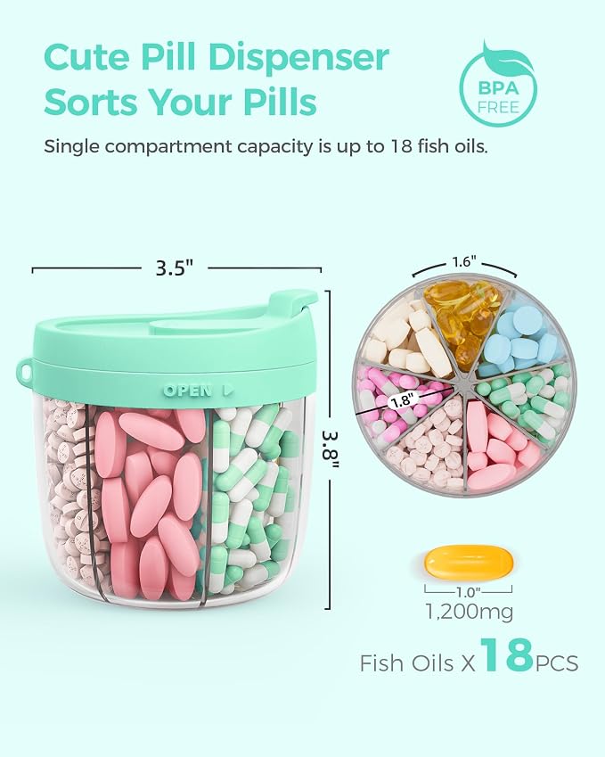 AMOOS Cute Pill Dispenser with Anti-Mix Design, 7-Slot, BPA-Free, Patented | Portable Travel Pill Organizer, Wide Mouth for Easy Access, Pill Bottle Organizer for Vitamins, Fish Oils, Supplements, Green
