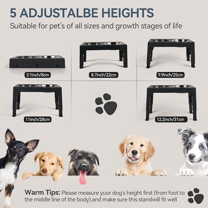 PAWISE Elevated Dog Bowls, Raised Dog Bowl with Slow Feeder Bowl & Stainless Steel Bowls, 5 Heights Adjustable Dog Feeding Bowl Stand for Small Medium Large Dogs, Food Dishes with Non-Slip Feet