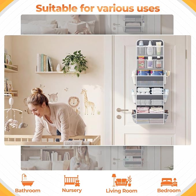 SpaceHacks 5-Tier Over the Door Organizer with Mesh Pockets, Dark Grey | 6 mesh pockets, 3 compartments, adjustable hooks, fits most doors, nursery, closet, bathroom, closet and nursery storage