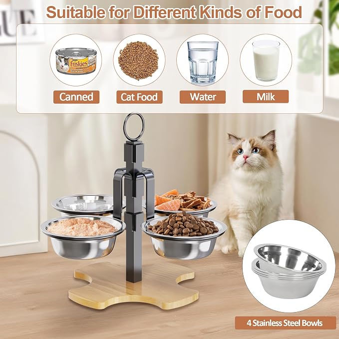 Elevated Cat Bowls 3 Adjustable Height 4 Stainless Steel Cats&Dogs | Pet Elevated Raised Cat Food and Water Bowls 3 Adjustable Heights 4 Stainless Steel Bowls for Indoor Cats Small Dogs