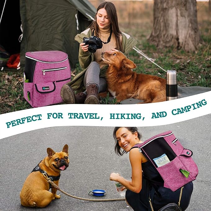 PetAmi Dog Travel Backpack 27L Airline Approved Pet Supplies Bag, Pink | Cat Traveling Suitcase Organizer for Weekend Road Trip Camping; 2 Food Containers, 2 Collapsible Bowls & Poop Bag Dispenser