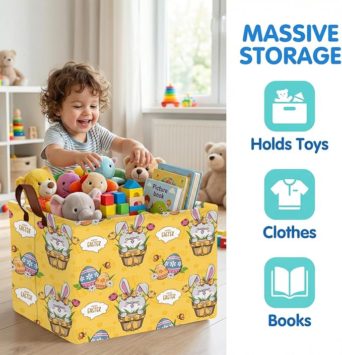 Large Cute Easter Basket for Kid Empty Gift Baby Rectangle Storage Bin Bunny Eggs Boy＆Girl Room Décor (Tulip Rabbit Yellow)