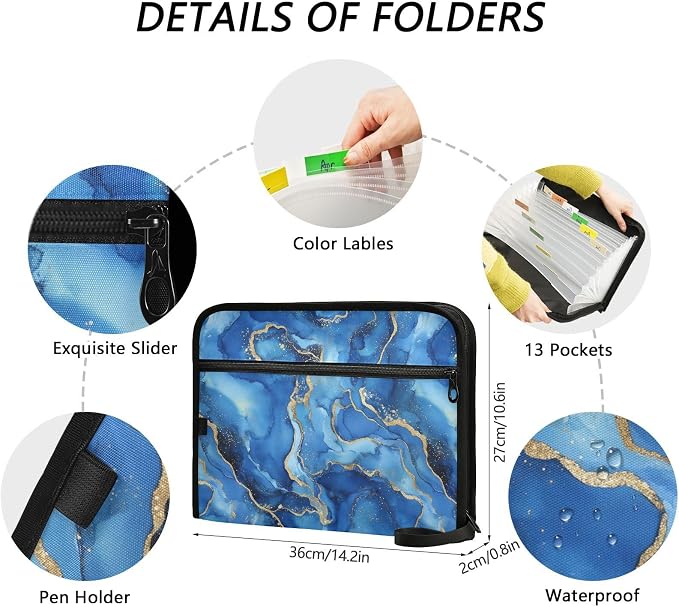 13 Pocket Zipper Expanding File Folder A4 Blue Marble | Accordion File Organizer with Front Pouch A4 Letter Size Portable Folders for Documents Receipt School Office Supplies
