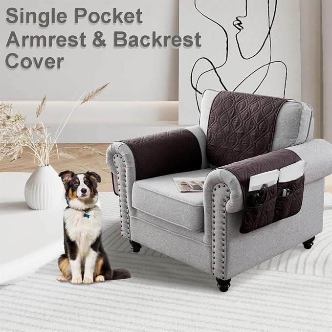 Recliner Armrest Cover with Headrest, Chair Armrest Slipcover with Side Pockets, Water-Resistant, Non Slip Furniture Protector for Pets (Chocolate,2 Seater 4PCS)