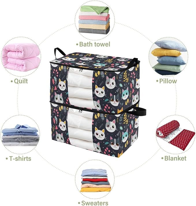 Cute Cats Plant Black Clothes Storage Bag Bins 2 Pack Foldable Storage Containers Large Closet Organizer with Zipper Under Bed Storage for Bed Sheets Comforters Clothing 60L