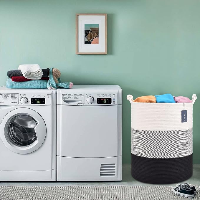 COMSE Tall Woven Blanket & Laundry Basket, 72L, White & Gray & Black | 15.7”x 21.7”, Cotton Rope, Large Nursery Hamper for Storage of Toys Clothes Towels, Great for Living Rooms Bedrooms Bathrooms