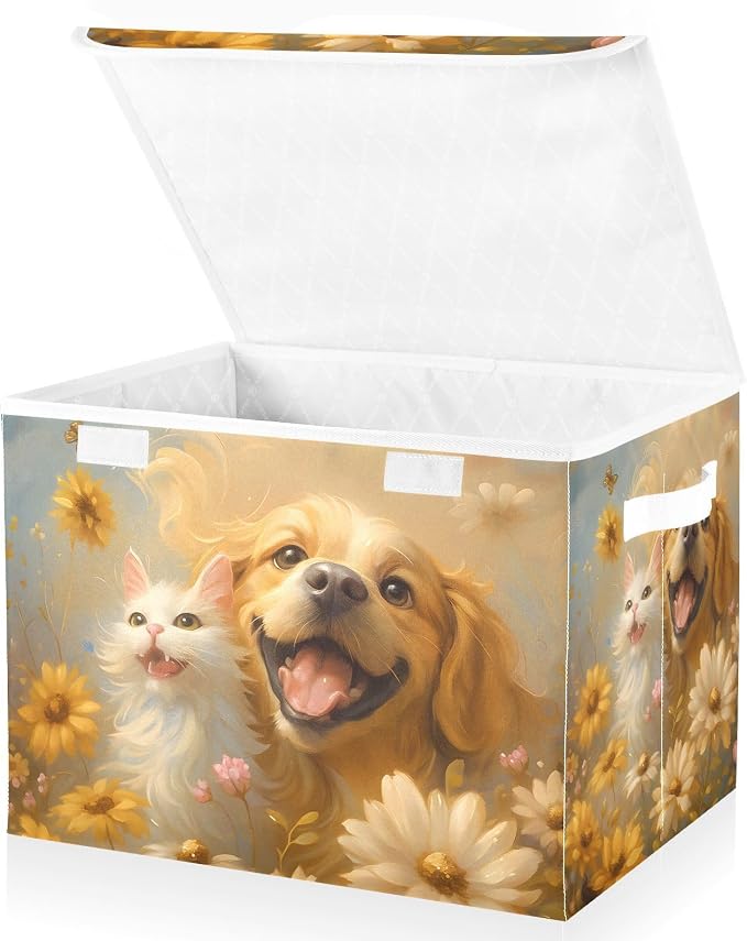 Storage Bins with Lid Golden Retriever Foldable Storage Boxes 40L Baskets | Decorative Storage Boxes, Dust-Proof Flip Top, Reinforced Handles, For Home & Bedroom, Clothes & Toy Box, Oxford Fabric Print