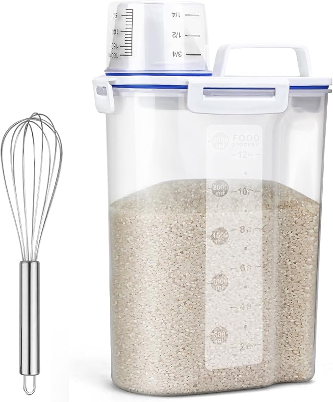 Uppetly Rice Airtight Dry Food Storage Containers, BPA Free Plastic Sealed Holder Bin Dispenser with Pouring Spout, Measuring Cup for Cereal, Flour and Oatmeal, Include a Stainless Steel Whisk