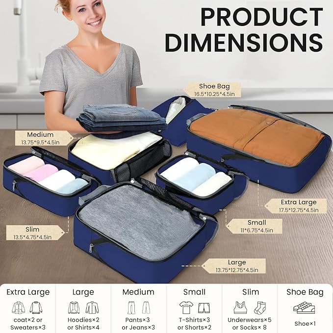 BAGAIL 4 Set/6 Set/8 Set Compression Packing Cubes Travel Accessories Expandable Packing Organizers (Half Mesh, 6-Navy)