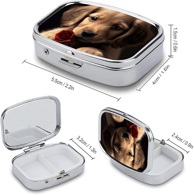 Metal Pill Organizer 2 Compartment Travel Pill Case with Mirror Waterproof & Leak-Proof Cute Pet Dog Pill Boxes for Daily Meds Vitamins Supplements Fits in Purse Pocket Bag