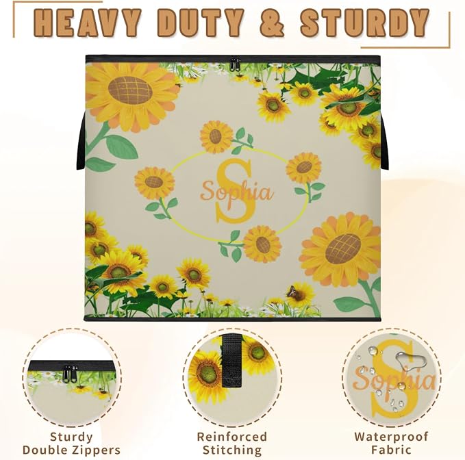 Custom Name Large Clothes Storage Organization with Lids, Kids Toys Bin Shelf Basket, Bedding Clothes Storage Bin for Nursery, Gift Basket, Sunflowers Dark Beige Background