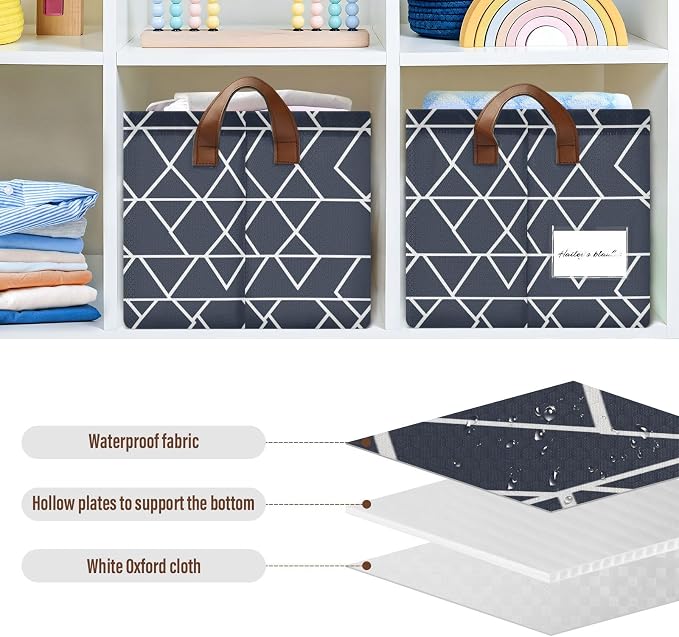 White and Dark Blue Geometric Storage Basket Foldable Cube Storage Bins with Handles&Label Waterproof Collapsible Organizer Box Bin Large Rectangle Decorative Baskets for Shelve Home Room Laundry-2 PC