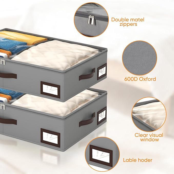 OIAHOMY 2 Pack 38L Under Bed Storage with Adjustable Dividers, 6" Low Profile Underbed Storage Bins for Comforters & Clothes, Save Closet Space with Clear View Lid & Reinforced Handles, Grey