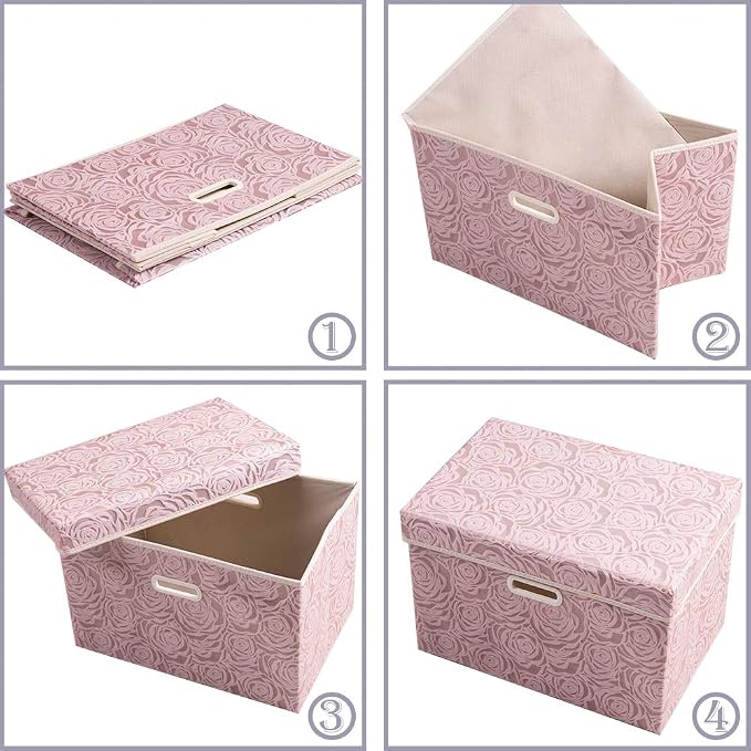 Collapsible Storage Boxes with Lids [5-Pack] Fabric Decorative Storage Bins Cubes Organizer Containers Baskets with Cover Handles Divider for Bedroom Closet Living Room Pink 14.9x9.8x9.8 Inch