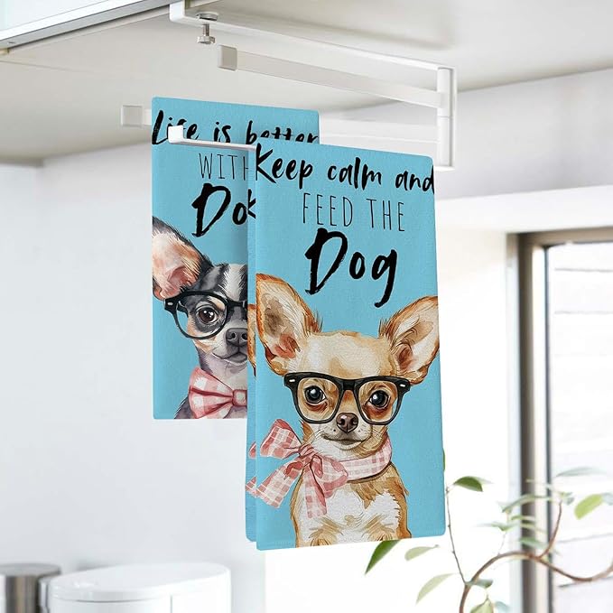 Funny Chihuahua Kitchen Dish Towels Set of 2, Blue Life is Better with a Dog Bow Drying Hand Towel Baking Cooking Cloth, Pet Dog Owner Lover Gifts Bathroom Home Decoration 18'' x 26''