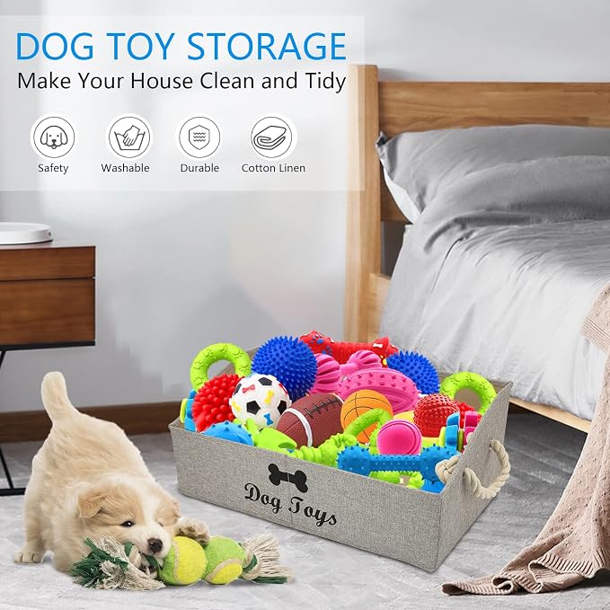 Morezi Large Dog Toy Bin Puppy Shallow Toy Basket Dog Toy Storage Perfect for Living Room Playroom Closet Home Organization - Light Brown Canvas