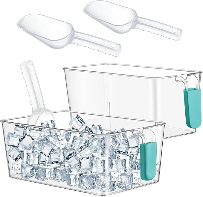 Havawish Ice Storage Bin and Flexible Scoop Set Plastic Freezer Bin | Freezer Ice Bin Scoop, Clear Bucket Container, Pull Handle, Flexible Storage, 10.83 X 7 X 4.33 In,10.83 X 4.92 X 4.33 in