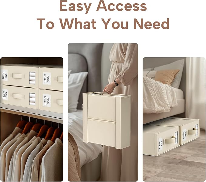 Bed Sheet Organizers and Storage, 4 Pack Foldable Linen Closet Organizers – Bedding Holder for Sheet Set (King/Queen Sizes), Duvet Covers, Blankets (Beige)