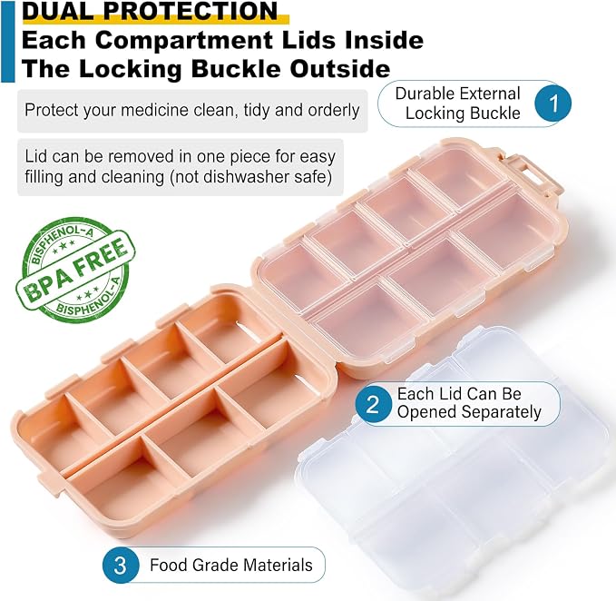 14 Grids Travel Pill Organizer Box with 415-Pcs Medicine Name Labels - Pocket Daily Pharmacy Case Container Kit - Travel Medication Holder Dispenser for Fish Oil Vitamin Supplement Storage - Pink
