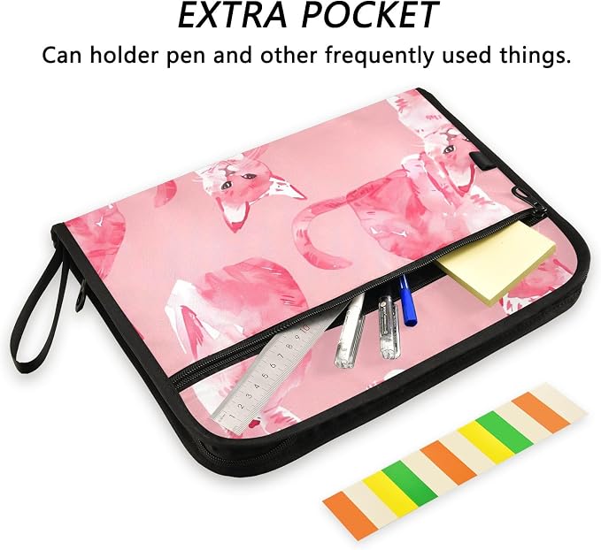 Expanding File Folder Cat Pink Pet Accordion File Organizer 13 Pockets Document Organizer with Zipper Labels A4 Letter Office Storage