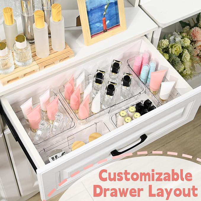 15 Pcs Expandable Drawer Organizer, All Adjustable Storage Box, Clear | 2-Size Vanity Drawer Organizer, Acrylic Storage Bins for Makeup, Cosmetic, Bedroom Dressers Tool Organizer for Gadgets