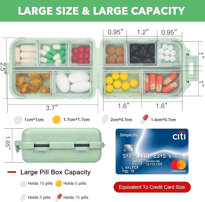 Green Foldable Pill Organizer with 189 Labels - Travel Medicine Kit (1 Pack)