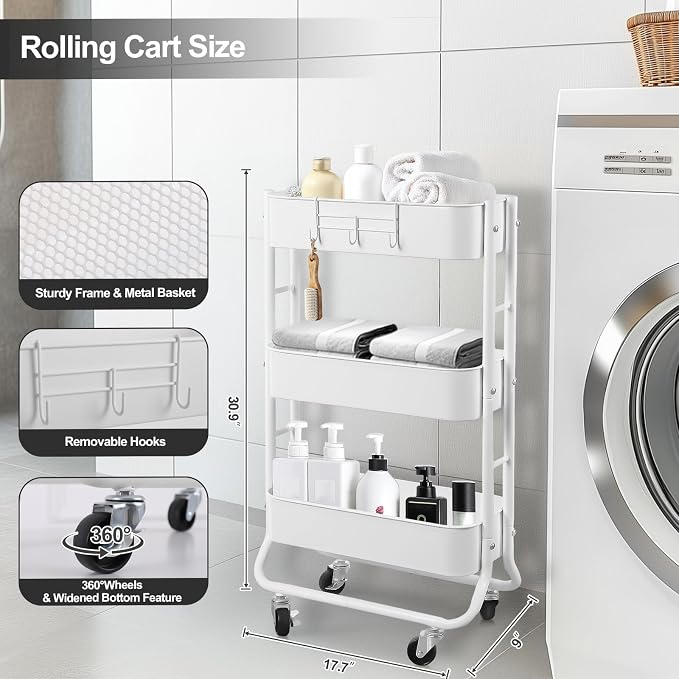 MAX Houser Slim 3-Tier Rolling Utility Cart with Extra Hook, White | Narrow Metal Bathroom Storage Multifunctional Organizer Carts with Wheels with Extra Hook, Laundry Room,Kitchen,Small Space
