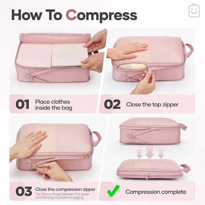 Veken 9/11 Set Compression Packing Cubes Garment Bags for Travel Essentials,Compressible Expandable Luggage Organizer Bags for Clothing,Space Saver Bags with Over 1000 pcs of Mesh Holes(Pink)