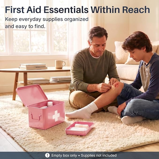 Flexzion Large Metal First Aid Box Empty, 8.5-Inch, Pink with White Cross | Vintage Medicine Box and First Aid Storage Organizer with Removable Tray and Dividers; Empty Box Only, Supplies Not Included