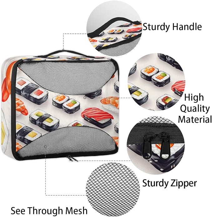 Colorful Sushi 4 Set Travel Packing Cubes for Accessories, Suitcase Organizers Luggage Bags Set with Double Zippers & Mesh Top