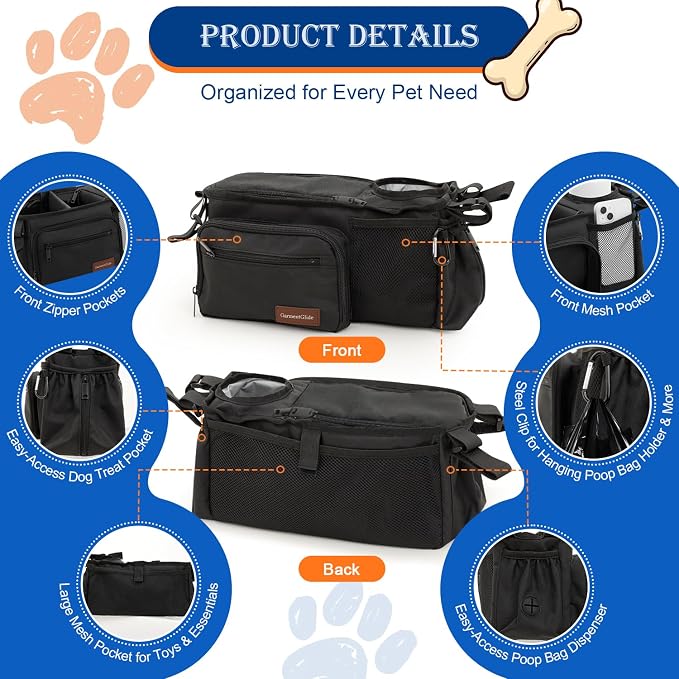 Dog Stroller Organizer Bag, Pet Stroller Caddy with Insulated Cup Holder | Fits 14–19" Handles, Treat Pocket, Poop Bag Dispenser & Multiple Pockets for Dog Stroller Accessories, Dog Mom Gift Ideas