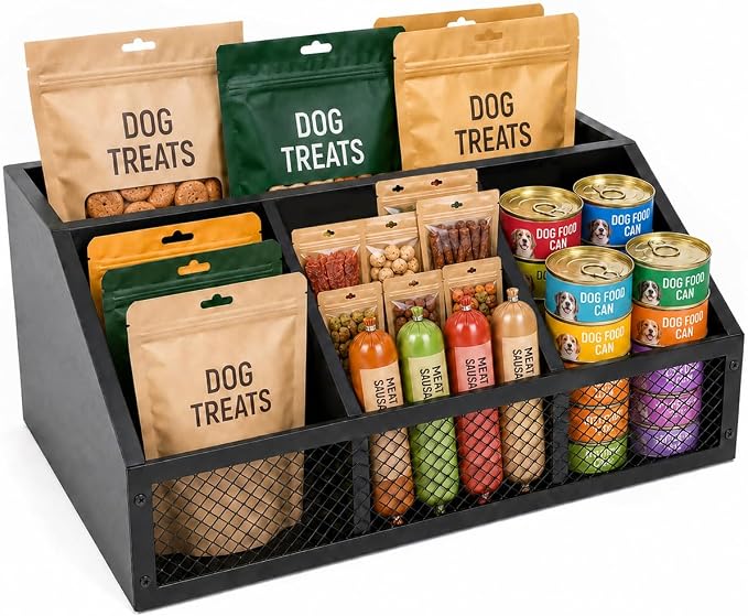 Pethiy Dog Treat Organizer for Countertop, Wooden Pet Treat Storage Box,Wooden Grid Snack Storage Box Trapezoid Dog Snack Holder for Training Treats,cat Treat jar Desktop Treat bar