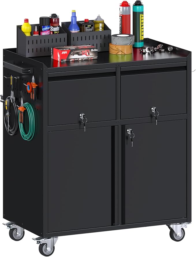 Reemoon Metal Garage Storage Cabinet on Wheels, Tool Storage Cabinet with Drawers Pegboard and 4 Hooks for Garage, Home, Office,Assembly Required,Black