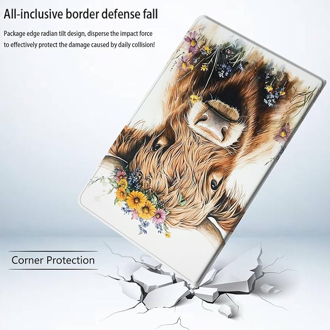 Bxgolkgd Tablet Case for Samsung Galaxy Tab S6 Lite 10.4 Inch (2024/2022/2020),Shockproof Stand Cover with Heat Dissipation,Auto Wake/Sleep Function,Highland Cow Flower